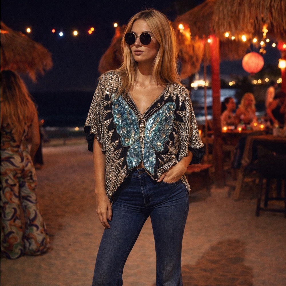 100% Silk Sequin Butterfly Caftan Top with Blue and Silver Accents